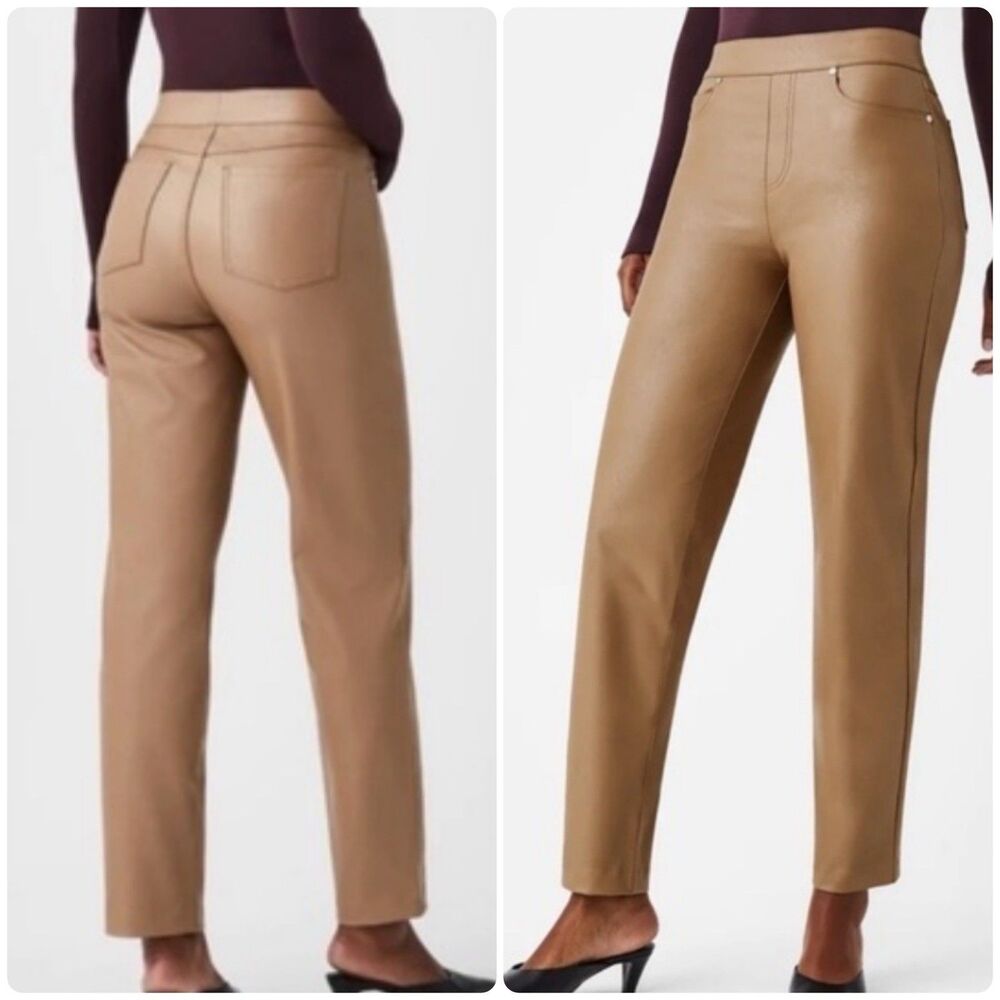 Spanx Slim Straight Faux Leather Toffee Tan High-Rise Pants Womens sz L Pull-On